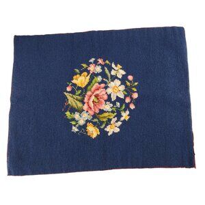 VTG Needlepoint Panel Wool & Satin Lined Floral 17X21 Blue Textile Cross-Stitch
